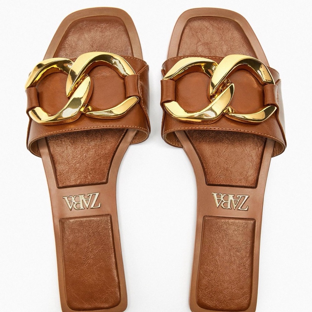 ZARA Brown Leather Slide Sandals with Gold Chain